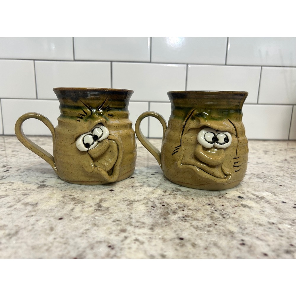 Pretty Ugly Pottery Wales Ugly Face Mugs Set of 2 Tan Green Studio Stoneware